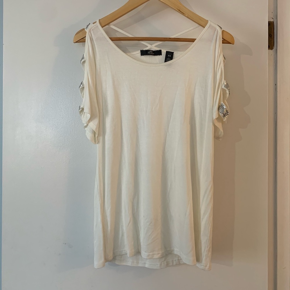 White Top with Silver sparkle sleeves